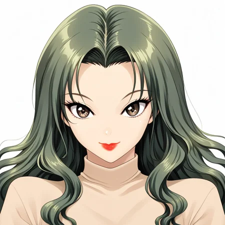 simple background, white background, 
1girl, solo, face focus, light smile, closed mouth, looking at viewer, 
oc03glwHbEnS, dark green hair, long hair, wavy hair, forehead, light brown eyes, detailed eyes, lipstick, 
beige shirt,