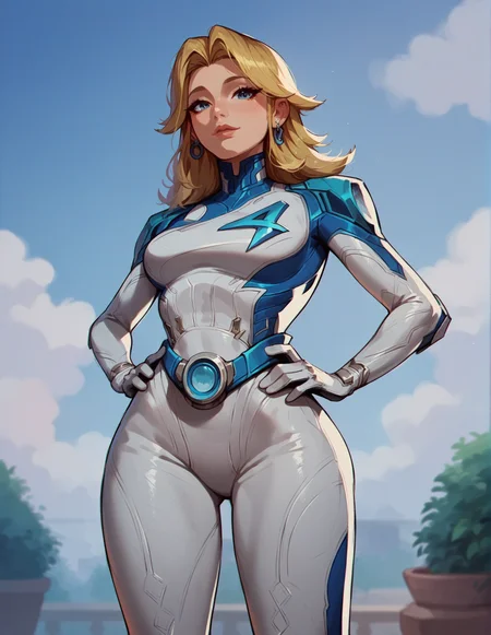 1girl, blonde, looking at the viewer, suit1, hands on hips, sky background, outdoors, wide hips, white bodysuit <lora:Invisible_Woman_-_Marvel_Rivals:0.8> sue_storm, score_9, score_8_up, score_7_up, score_6_up, 2d, digital art, masterpiece <lora:Expressive_H:0.4> expressiveh <lora:princess_xl_v2:0.3> <lora:g0th1c2XLP:0.3> g0th1c