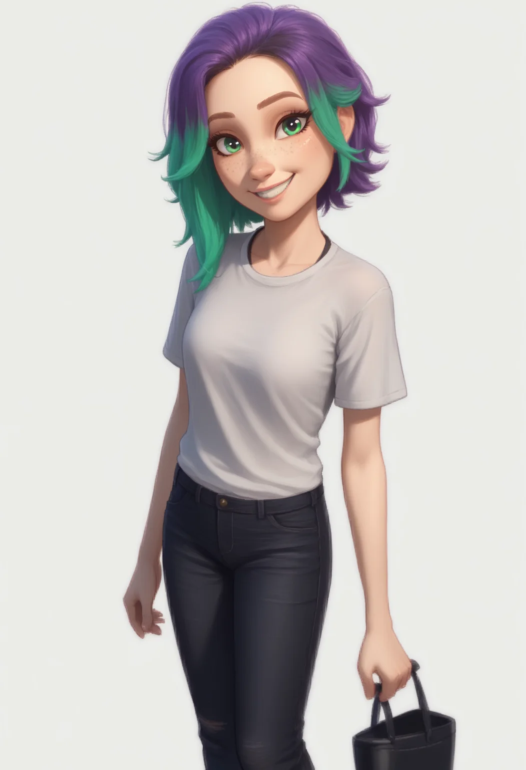 1girl, solo, Br00klynn, green eyes, freckles, multicolored hair, purple hair, green hair, shirt, black pants, black shoes, <lora:Brooklynn - Camp Cretaceous-000010:1>, looking at viewer, smile, score_9, score_8_up, score_7_up, cowboy shot, standing, white background, simple background,