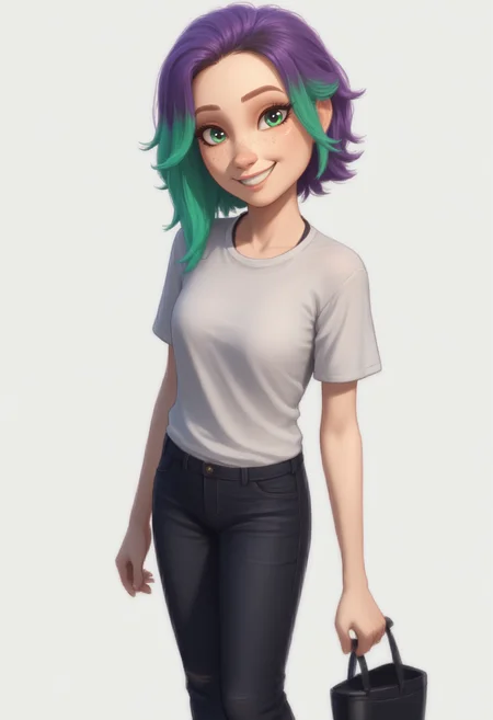 1girl, solo, Br00klynn, green eyes, freckles, multicolored hair, purple hair, green hair, shirt, black pants, black shoes, <lora:Brooklynn - Camp Cretaceous-000010:1>, looking at viewer, smile, score_9, score_8_up, score_7_up, cowboy shot, standing, white background, simple background,
