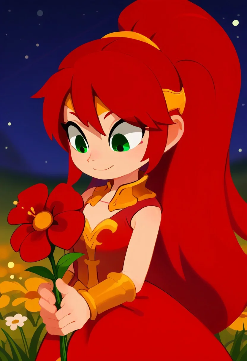 score_9, score_8_up, score_7_up, bokeh, flat colors, lineless, vector art, vector graphics, z0nkp4nch, cute,
1girl, alone, solo, portrait,
PyrrhaNikosXL, green eyes, red hair, long hair, ponytail, hair between eyes, forehead protector, simple dress, soft smile, ,
holding flower, head lowered, looking down
flower field, poppy flower, starry night