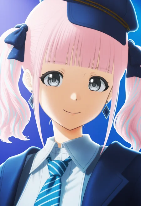 <lora:GBC_HINA_illustrious-000020:1>,
GBC_HINA,1girl,solo,twintails,grey eyes,bangs,pink hair,blunt bangs,blue hair,multicolored hair,
blue necktie,collared shirt,shirt,blue jacket,necktie,blue hat,jewelry,earrings,ribbon,hair ribbon,blue headwear,striped,cross earrings,upper body,smile