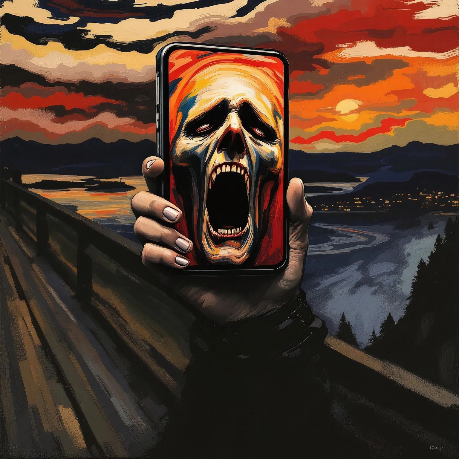 standing full body, screaming head shaped like, latest smartphone, hands holding side of head:smartphone displays face of, The Scream, wearing smartwatch
BREAK
infinite scream passing through nature, surrealist tempera painting brushstrokes, agonized face, iconic art symbolizing anxiety of the human condition
BREAK
One evening I was walking along a path, the city was on one side and the fjord below. I felt tired and ill. I stopped and looked out over the fjord – the sun was setting, and the clouds turning blood red. I sensed a scream passing through nature; it seemed to me that I heard the scream. I painted this picture, painted the clouds as actual blood. The color shrieked. This became The Scream
