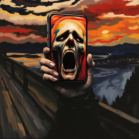 standing full body, screaming head shaped like, latest smartphone, hands holding side of head:smartphone displays face of, The Scream, wearing smartwatch
BREAK
infinite scream passing through nature, surrealist tempera painting brushstrokes, agonized face, iconic art symbolizing anxiety of the human condition
BREAK
One evening I was walking along a path, the city was on one side and the fjord below. I felt tired and ill. I stopped and looked out over the fjord – the sun was setting, and the clouds turning blood red. I sensed a scream passing through nature; it seemed to me that I heard the scream. I painted this picture, painted the clouds as actual blood. The color shrieked. This became The Scream