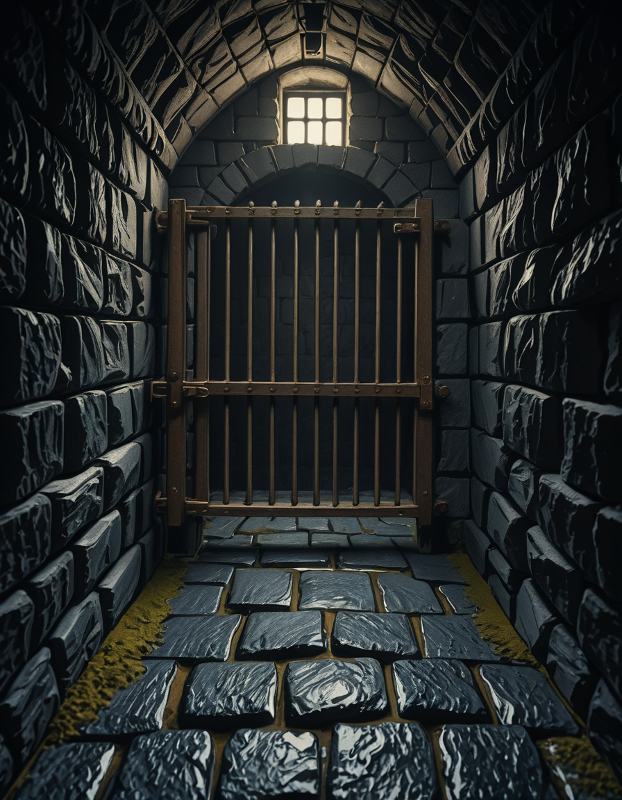 A highly detailed, hyper-realistic photograph of a dark medieval dungeon prison cell. The scene is dimly lit by a single flickering torch mounted on a damp stone wall, casting eerie shadows across the rough, moss-covered stones. Heavy, rusted iron bars form the cell door, slightly ajar, with visible corrosion and ancient padlocks. Inside the cell, there is a straw-covered floor, old wooden buckets, and a crude, splintered wooden bench against the back wall. Chains and manacles hang loosely from the walls, showing signs of long-term use. The atmosphere is cold, humid, and oppressive, with faint light rays piercing through tiny cracks in the stone ceiling. Cobwebs stretch across the corners of the cell, and faint water drips from above, creating small puddles. The overall mood is grim, desolate, and foreboding. Photorealistic style, with high dynamic range (HDR) lighting and extreme attention to textures like rust, moisture, and decay.
<lora:SDXLFaeTastic2400:0.4> <lora:extremely_detailed:0.4> extremely detailed,medieval dungeon pr1s0n c3ll <lora:medieval_dungeon_pr1s0n_c3ll-i:1>, Masterpiece,best quality,hi res,8k,hi res,8k,award winning,(sharp focus, intricate, highly detailed),