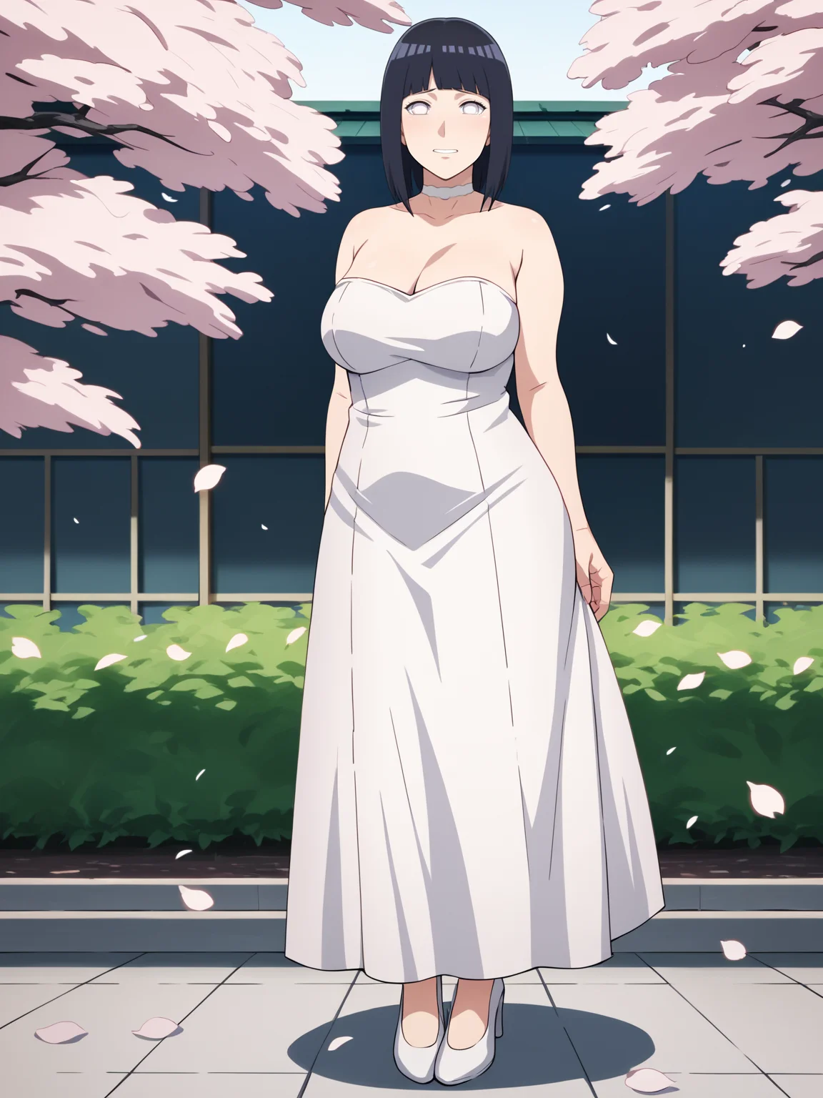 score_9, score_8_up, score_7_up, score_6_up, score_5_up, score_4_up, BREAK, source_anime,
1girl, mature, milf, hinata_boru, bangs, black hair, short hair, white eyes,
choker, white high heels, strapless wedding dress,
looking at viewer, blush, smile, petals, cherry trees, solo, japanese park background <lora:HinataBorutoXL:1>