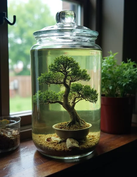 photograph of wet sample of a bonsai in a jar of murky liquid. Decomposed with faded colors, very detailed, creepy atmosphere, standing on a creepy window sill