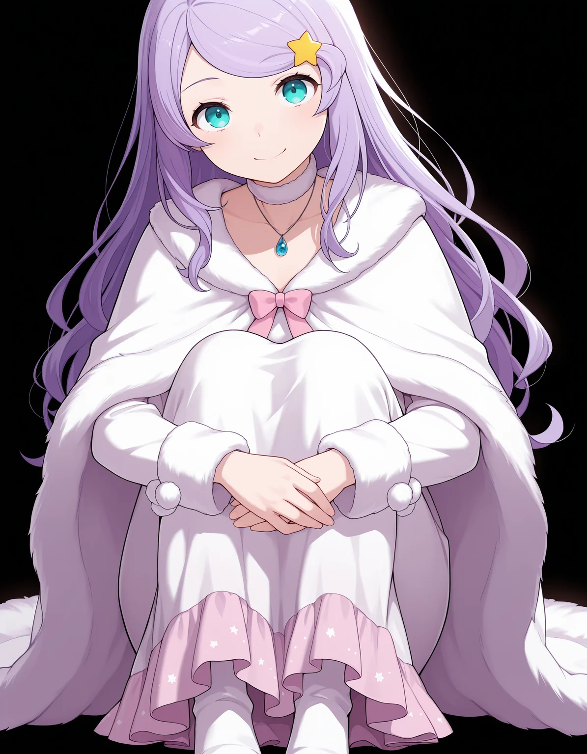 <lora:Anastasia Hoshin Illustrious:1>1girl, solo,
anast4sia, purple hair, swept bangs, aqua eyes, star hair ornament,
white dress, frilled dress, long dress, fur-trimmed capelet, fur-trimmed cape, pom pom (clothes), pink bow, pendant, white choker, white footwear,
sitting, knees up, arms around legs, looking at viewer, smile,, masterpiece, best quality, amazing quality, simple background, black background,