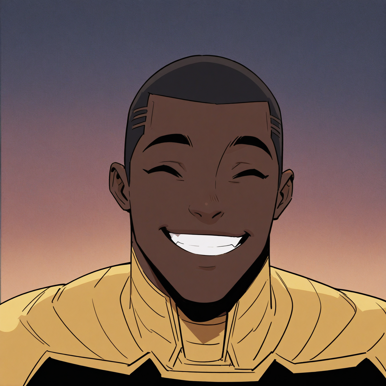 <lora:DUKE:1> duke, solo, smile, short hair, black hair, 1boy, upper body, closed eyes, male focus, dark skin, grin, yellow armor, bodysuit, ^_^, dark-skinned male, meme, very short hair, superhero, very dark skin, buzz cut, outdoors, motion blur, film grain, abstract, natural lighting, fantasy, cinematic, dynamic view, very awa, masterpiece, best quality, absurdres, newest, perfect quality, detailed background, intricate details, (artist:fl \(l-fl\):0.7), (artist:tooboshoo:0.7), (artist:dizdoodz:0.8)