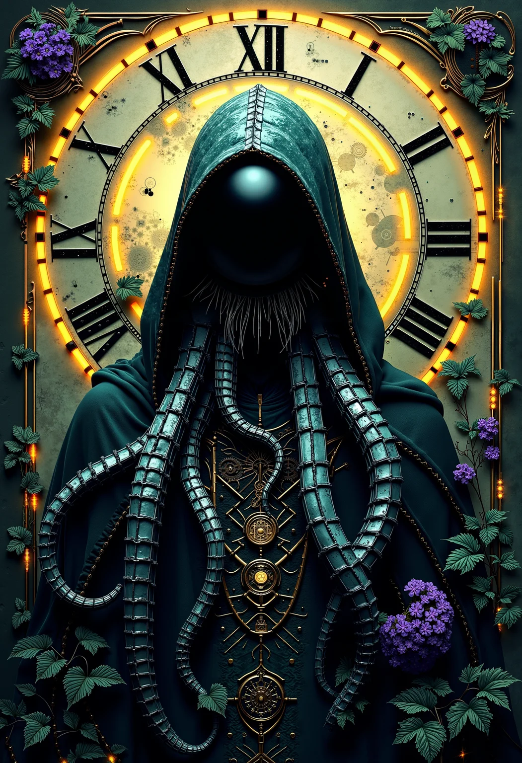 bo-digitalabstract, Cyber shaman in a neon-lit jungle, blending nature and technology, glowing bio-luminescent plants, digital patterns on skin and clothing, dark green and purple tones, (hooded figure:1.3), (organic-tech fusion:1.4), mystical and enigmatic, spiritual cyberpunk atmosphere, cinematic lighting, digital painting, inspired by futuristic fantasy., a digital artwork featuring an anthropomorphic, steampunk-inspired creature resembling an octopus, the creature's head is central, with a large, round, black, spherical visor that covers the entire face, its tentacles are intricately detailed with mechanical gears, cogs, and other mechanical components, giving it a mechanical, organic appearance, the tentacles are a rich, dark brown color, contrasting with the lighter, more metallic tones of the creature, the background is a vintage, parchment-like texture with intricate, ornate designs around the edges, including a circular, illuminated clock face in the center, the clock face is marked with roman numerals and the word pippii in large, bold letters, the overall style is reminiscent of steampunk or gothic art, characterized by its intricate, mechanical details and the worn, aged appearance of the parchment, the artwork is rich in detail, with textures and shading that give it a realistic, almost three-dimensional quality<lora:Flux\boFLUX Digital Abstract.safetensors:0.8:0.8>