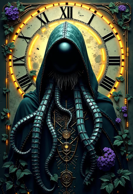 bo-digitalabstract, Cyber shaman in a neon-lit jungle, blending nature and technology, glowing bio-luminescent plants, digital patterns on skin and clothing, dark green and purple tones, (hooded figure:1.3), (organic-tech fusion:1.4), mystical and enigmatic, spiritual cyberpunk atmosphere, cinematic lighting, digital painting, inspired by futuristic fantasy., a digital artwork featuring an anthropomorphic, steampunk-inspired creature resembling an octopus, the creature's head is central, with a large, round, black, spherical visor that covers the entire face, its tentacles are intricately detailed with mechanical gears, cogs, and other mechanical components, giving it a mechanical, organic appearance, the tentacles are a rich, dark brown color, contrasting with the lighter, more metallic tones of the creature, the background is a vintage, parchment-like texture with intricate, ornate designs around the edges, including a circular, illuminated clock face in the center, the clock face is marked with roman numerals and the word pippii in large, bold letters, the overall style is reminiscent of steampunk or gothic art, characterized by its intricate, mechanical details and the worn, aged appearance of the parchment, the artwork is rich in detail, with textures and shading that give it a realistic, almost three-dimensional quality<lora:Flux\boFLUX Digital Abstract.safetensors:0.8:0.8>