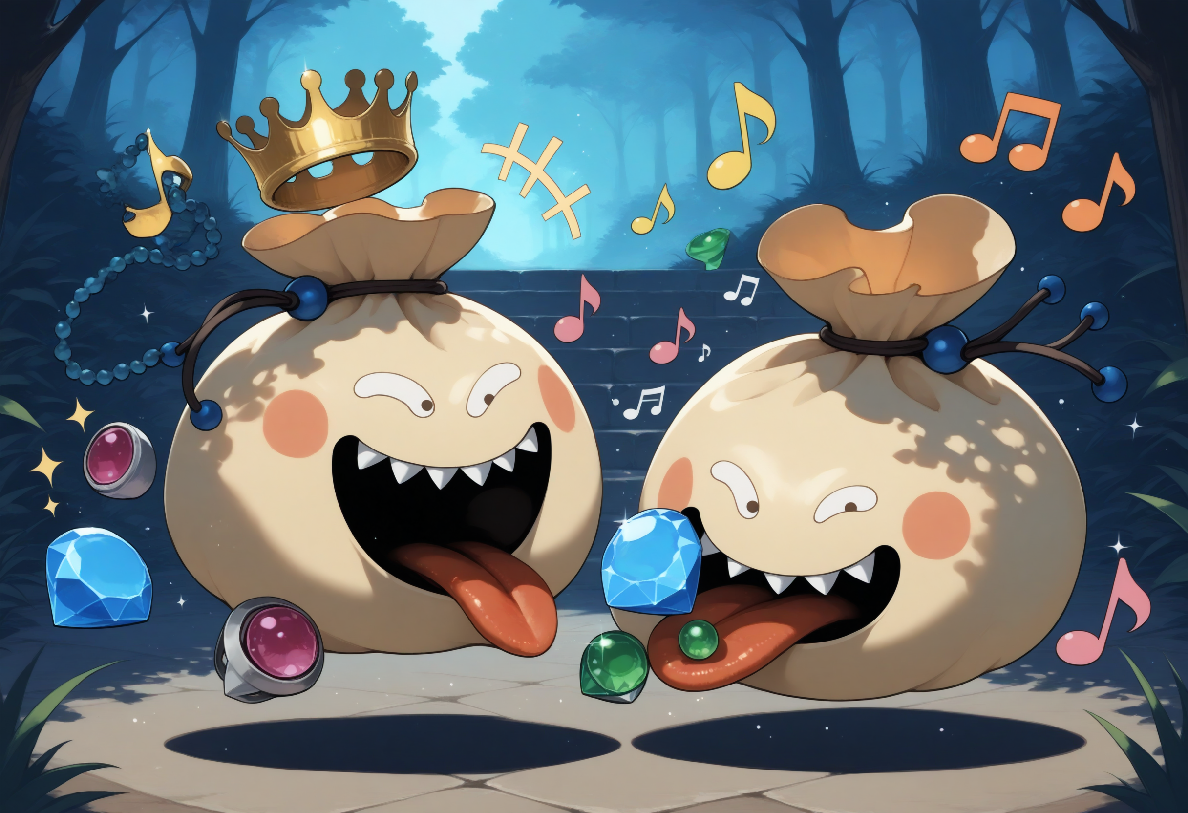 masterpiece,extreme detailed,outdoors,dungeon BREAK 2others,no humans,no_legs,goodybag_(dq),crown,no humans,gem,necklace,sharp teeth,tongue,<lora:goodybag_(dq)-NAI:1>,dancing,singing,musical note,happy,+++,
