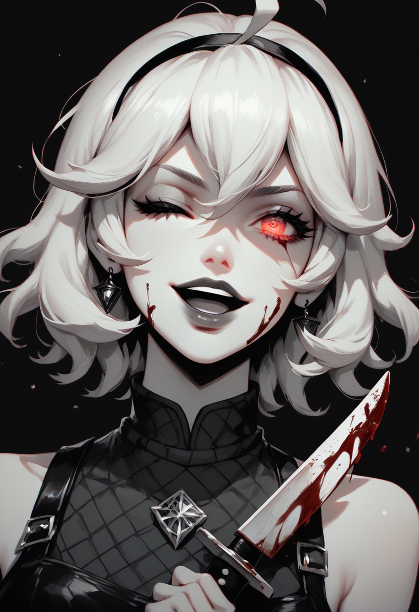 score_9, score_8_up, score_7_up, Goth girl, goth girl 1girl, 1girl,solo,looking at viewer,short hair, white hair, simple background,red eyes,maniac smile, open mouth, one eye closed, glowing eyes, (monochrome),lips,blood, black background,knife, holding a knife,spot color, bare shoulders,  <lora:Goth_girl_XL-v2:0.8>,  <lora:[GP] somethingweird [Pony XL]:0.2>, <lora:g0th1cPXL:0.3>, <lora:Concept Art Twilight Style SDXL_LoRA_Pony Diffusion V6 XL:0.8>,