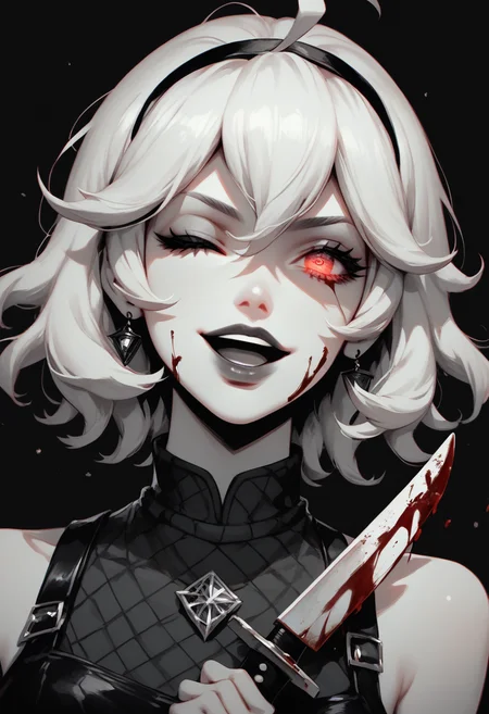 score_9, score_8_up, score_7_up, Goth girl, goth girl 1girl, 1girl,solo,looking at viewer,short hair, white hair, simple background,red eyes,maniac smile, open mouth, one eye closed, glowing eyes, (monochrome),lips,blood, black background,knife, holding a knife,spot color, bare shoulders,  <lora:Goth_girl_XL-v2:0.8>,  <lora:[GP] somethingweird [Pony XL]:0.2>, <lora:g0th1cPXL:0.3>, <lora:Concept Art Twilight Style SDXL_LoRA_Pony Diffusion V6 XL:0.8>,