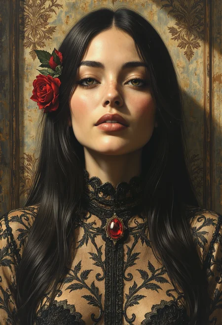 The artwork depicts an enigmatic woman illuminated by soft, dramatic light that highlights her features with captivating clarity. Her face exudes quiet confidence, with finely sculpted cheekbones, a straight nose, and slightly parted and smiling lips that contribute to her mysterious allure. Her golden-brown eyes gaze toward the viewer with an expression that is both contemplative and subtly challenging, as though guarding unspoken secrets. Her long, straight black hair cascades smoothly over her shoulders and down her back, its dark silkiness standing out against the light falling across her face. A delicate red rose tucked behind her ear provides a stark contrast to her dark hair, adding a touch of romantic symbolism to her otherwise restrained appearance. She wears a richly detailed, high-collared garment adorned with intricate lace patterns, suggesting opulence and sophistication. The ornate embroidery seems almost alive, its swirling motifs lending depth and texture to the scene. A tiny red jewel sits at the center of her collar, subtly drawing attention to her throat as a focal point. The background, though largely enveloped in darkness, reveals hints of an ancient settingâa faded mural or tapestry peeks through behind her, suggesting a historical or even gothic environment. The interplay between shadow and light further enhances the atmosphere, adding an air of mystery and timeless elegance to the composition. <lora:Mezzotint_Artstyle_for_Flux_-_by_Ethanar:0.5500000000000002> <lora:SkoolDaze_Portrait_Style-000014:0.5500000000000002> <lora:illustration20FLUX20.XsbF:0.3500000000000001> <lora:cpa.LgFo:0.3500000000000001>