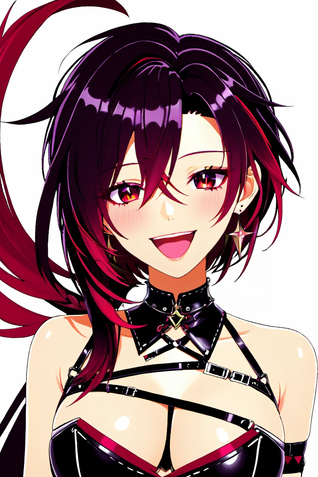 1girl, solo, amalia, white outline, half body, (laughing girl, open eyes:0.6), simple background, black backgorund <lora:last:0.75>