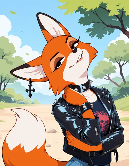masterpiece, best quality, very aesthetic, absurdres,
outdoors,
headshot, head tilt, head tilted back, touching own neck,
t-shirt, leather jacket,
seductive smile, parted lips, long eyelashes,
<lora:Vixie_v01_NAIXL:1>
Vixie,1girl,solo,furry,furry female,fox girl,fox ears,earrings,black eyes,snout,animal nose,spiked collar,jewelry,bracelet,body fur,orange fur,two-tone fur,white fur,fox tail,