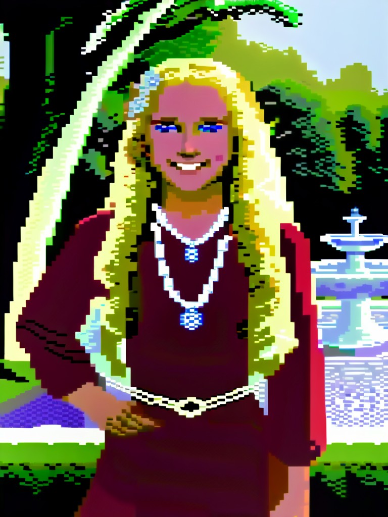 A beautiful girl with long blonde hair and blue eyes, wearing a red dress and a pearl necklace, smiling in front of a fountain in a park,64gr4ph1cs style,8-bit,pixel art<lora:C64XL-000005:1.0>