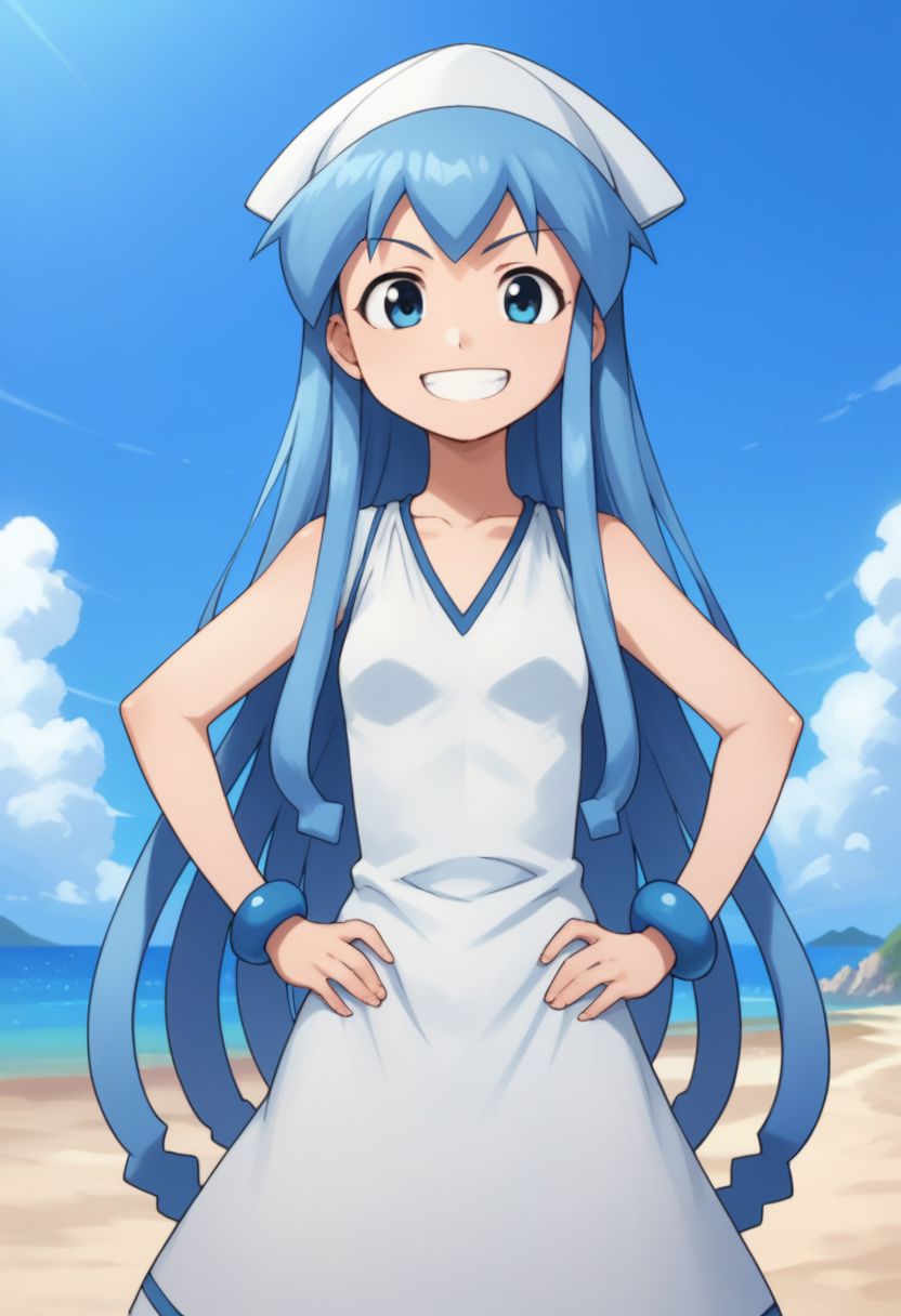 score_9, score_8_up, score_7_up, source_anime, highly detailed, 
ika, 1girl, solo, blue eyes, blue hair, hat, tentacle hair, long hair, hands on hips, dress, bracelet, jewelry, upper body, smile, grin, big smile,
outdoor, beach, sky, cloud,