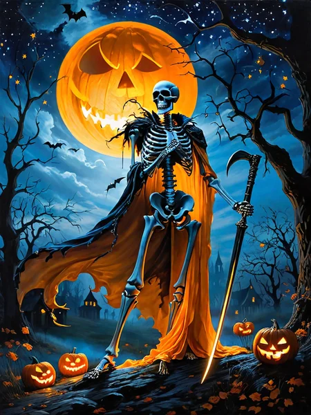 (full body photo:2), (looking at viewer:1,7),
((best quality)), ((masterpiece)), ((detailed)), (exquisite), impressive, ((astounding)),
imagine a finely detailed perfect human unheaded skeleton standing in a impressive pose on a cheerful and creepy Halloween day, (without a head:2.0), holding a scary and creepy smiling skull in his hands, behind his back is a razor-sharp scythe, glowing magic runes cover the scythe, on his shoulders is a huge torn cloak fluttering wide in the wind, the cloak is covered with complex intricate patterns of Arabic script, 
a mouth of the skull is wide open, many predatory sharp teeth are eager to grab and tear apart the unfortunate innocent victim, huge fangs are flashing, poisined saliva drips from the predatory mouth,
The sparkling evil eyes adds a touch of horror to this scene, This skeleton is a masterpiece of artists Boris Vallejo and Julie Bell, with dark and evil features captured in a realistic style.
(A dark starry night with a full bright blue moon in the background contrasts with the orange Halloween colors, and the interplay of light and shadow adds depth to the unheaded skeleton, creating an image of the eternal terror and fear that Halloween night brings, creepy Halloween night:1.5),
night photography, nocturnal beauty, city lights, starry skies, celestial wonders, moonlit landscapes, urban glow, capturing the essence of darkness, ethereal atmosphere, dramatic shadows, magical ambiance, long exposure techniques, expert use of light sources,
long exposure photography, streaking lights, smooth motion, dreamy landscapes, ethereal atmosphere, light painting, creative expression, time manipulation, surreal effects, captivating visuals, artistic interpretation, immersive experience, unique perspective,
 <lora:detailed_notrigger:1> <lora:add-detail-xl:1>