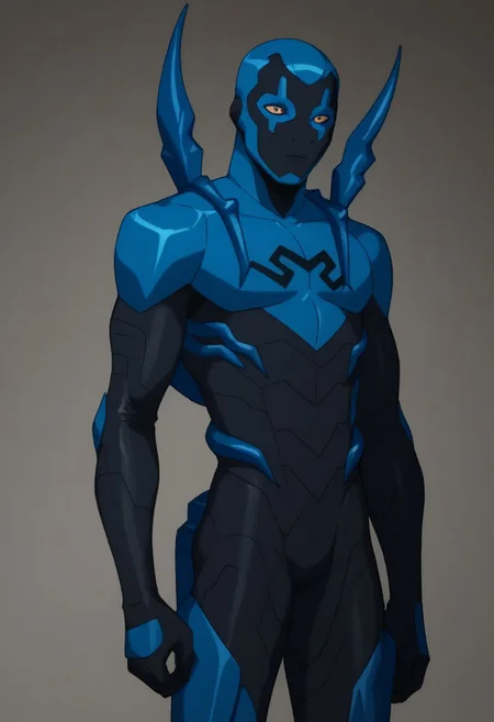 score_9, score_8_up, score_7_up, highly detailed, cute boy, 1boy, solo, Blue beetle, blue and black costume, mask