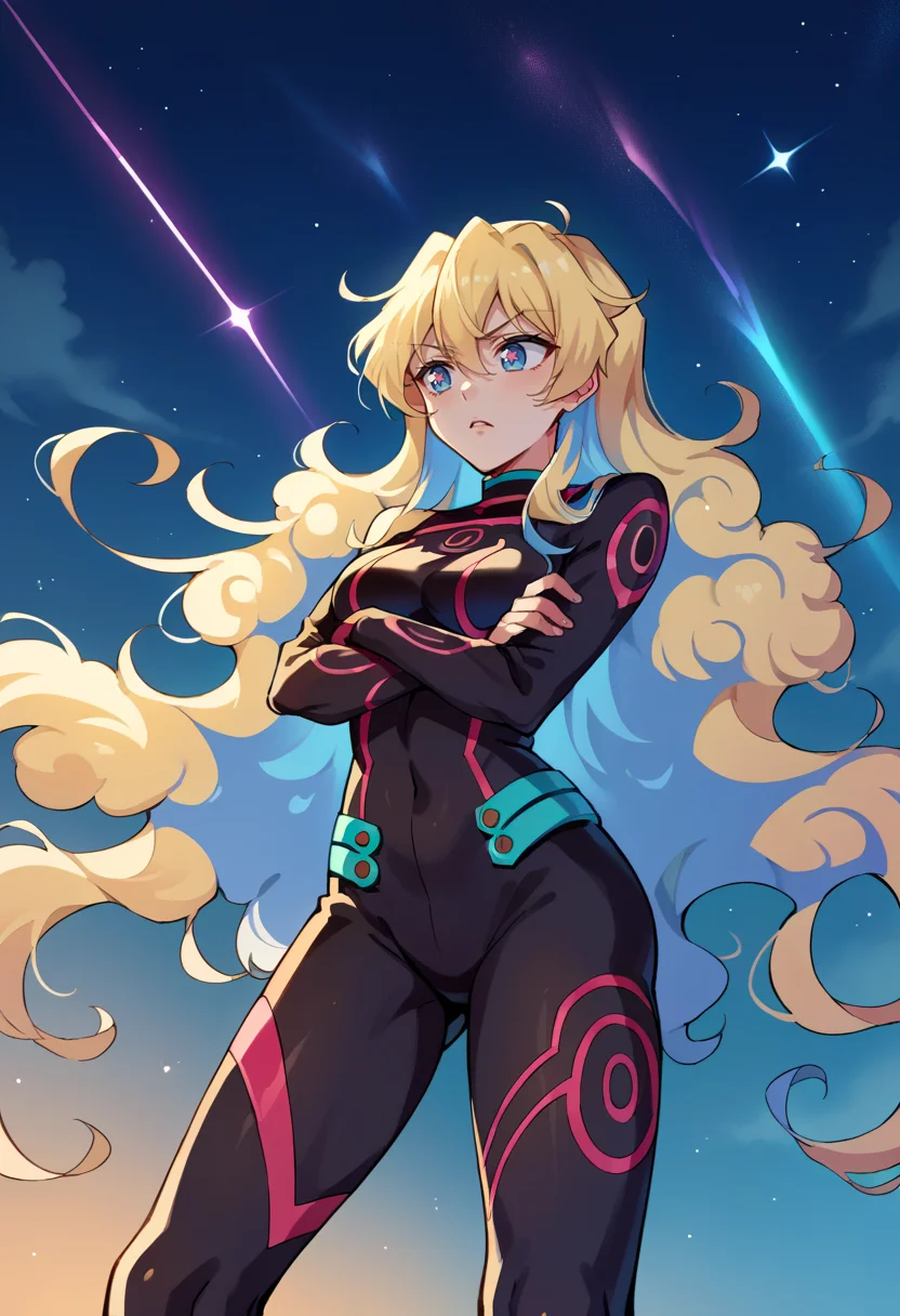 score_9, score_7_up, source_anime, BREAK frown, parted lips, night sky, starry sky, looking down, from below, straight-on, crossed arms, <lora:NiaS2-000009:1> antinia, 1girl, blue eyes, symbol-shaped pupils, very long hair, blonde hair, blue hair, two-tone hair, medium breasts, black bodysuit, neon trim,