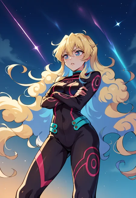 score_9, score_7_up, source_anime, BREAK frown, parted lips, night sky, starry sky, looking down, from below, straight-on, crossed arms, <lora:NiaS2-000009:1> antinia, 1girl, blue eyes, symbol-shaped pupils, very long hair, blonde hair, blue hair, two-tone hair, medium breasts, black bodysuit, neon trim,