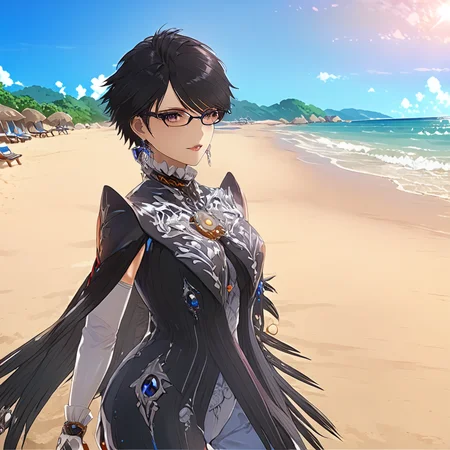 woman on beach, BayonettaXL, <lora:BayonettaXL:1>, (anime, masterpiece, intricate:1.3), (best quality, hires textures, high detail:1.2), (4k),(incredibly detailed:1.4),UHD, 8K, ultra detailed