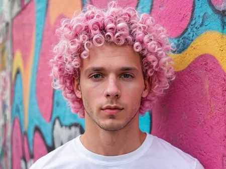 A headshot photo of a male model with pastel pink curly hair, wearing a white t-shirt with colorful patterns. A graffiti-covered wall background.