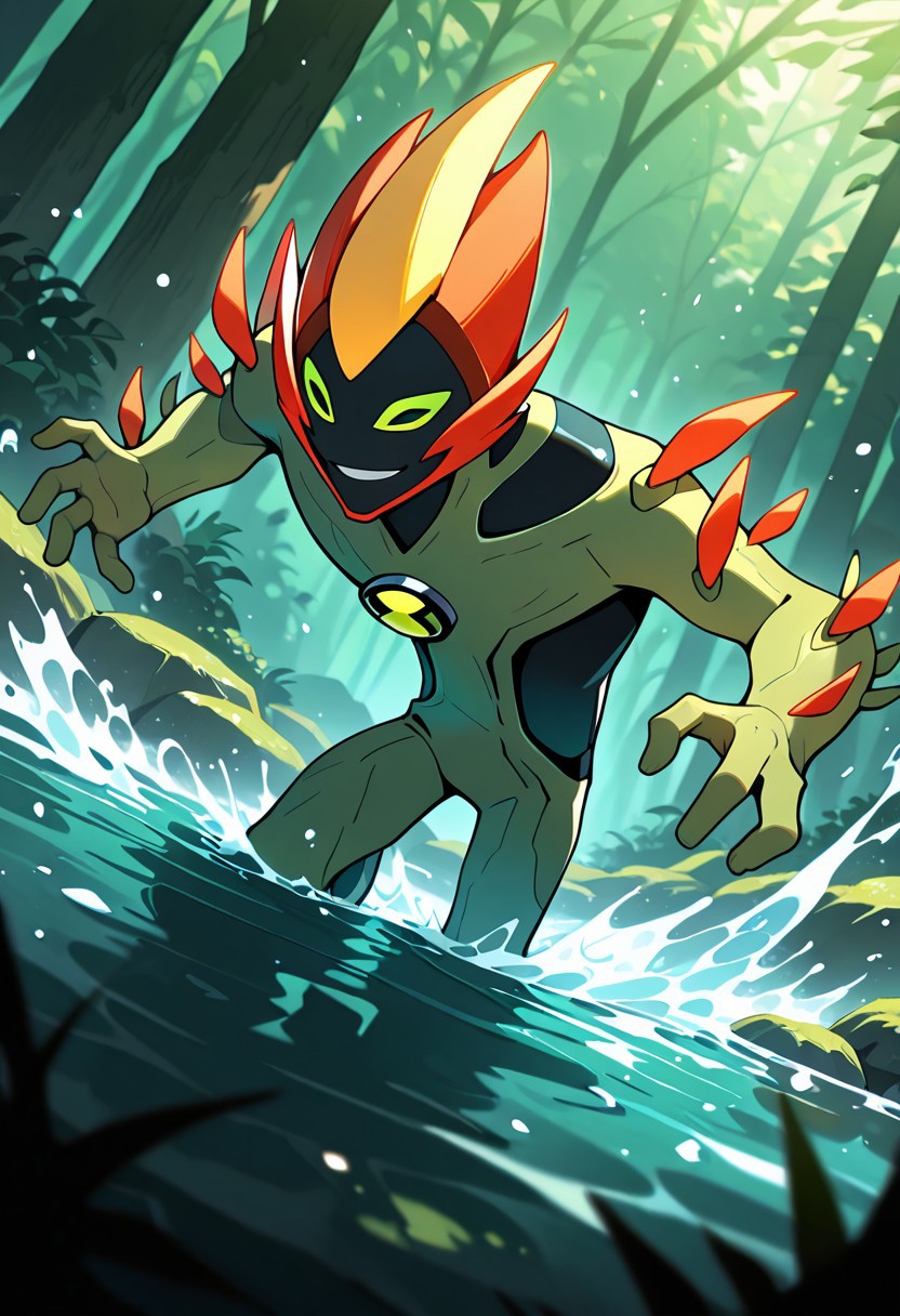 masterpiece, best quality, amazing quality, very aesthetic, absurdres, newest, 
swampfire, colored skin, spikes, colored sclera, 1boy, green skin, green eyes, pokemon (creature), shoulder spikes, no humans, smile,  green background, smiling,,
emerging from water, spalsh, dynamic pose, dutch angle, water particles, foreground blur, background blur, pond,