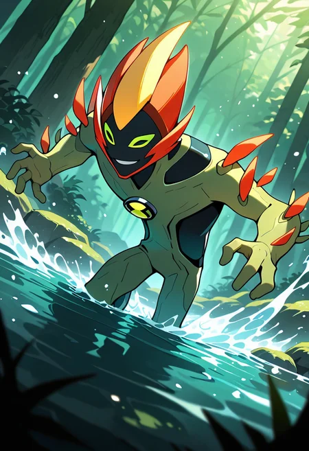 masterpiece, best quality, amazing quality, very aesthetic, absurdres, newest, 
swampfire, colored skin, spikes, colored sclera, 1boy, green skin, green eyes, pokemon (creature), shoulder spikes, no humans, smile,  green background, smiling,,
emerging from water, spalsh, dynamic pose, dutch angle, water particles, foreground blur, background blur, pond,
