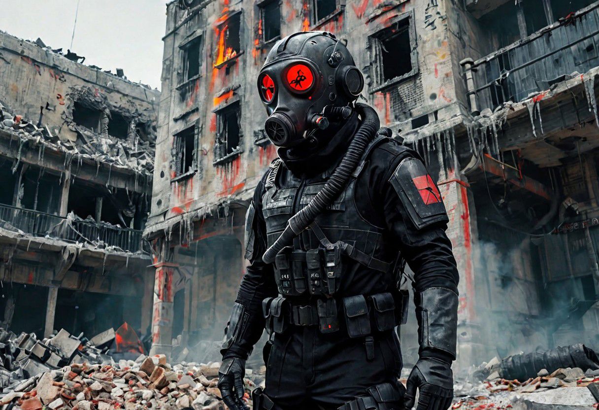 cinematic film still,live action jin-roh the wolf brigade,dystopic riot police officer wearing black power armor and a gas mask with glowing red eyes holding a flamethrower standing in a crumbling city with brutalist architecture and rubble,stalhelm,