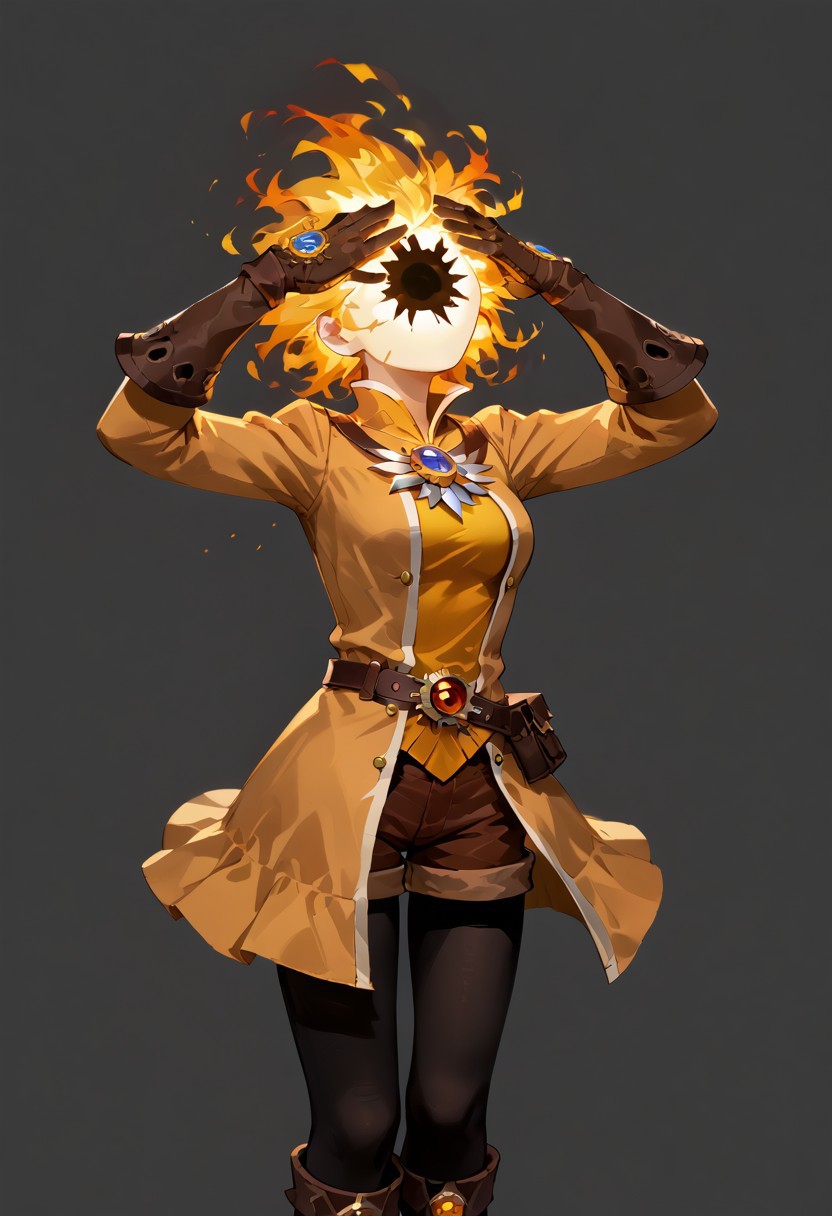 score_9, score_8_up, score_7_up,
lord_of_frenzy, fire head,
novakin, faceless, no eyes, no mouth, no nose, no facial features, short fiery yellow orange hair, body made of black plasma,
open hands, hands on face front,
hands on own head, 
upside-down, backflip,
magical girl outfit, (steampunk dress:1.1), boots, (brown shorts:1.1), black tights, medium breasts, belt, gloves, 
head up, bend back,
simple background, grey background,