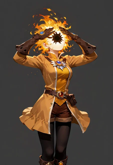score_9, score_8_up, score_7_up,
lord_of_frenzy, fire head,
novakin, faceless, no eyes, no mouth, no nose, no facial features, short fiery yellow orange hair, body made of black plasma,
open hands, hands on face front,
hands on own head,
upside-down, backflip,
magical girl outfit, (steampunk dress:1.1), boots, (brown shorts:1.1), black tights, medium breasts, belt, gloves,
head up, bend back,
simple background, grey background,