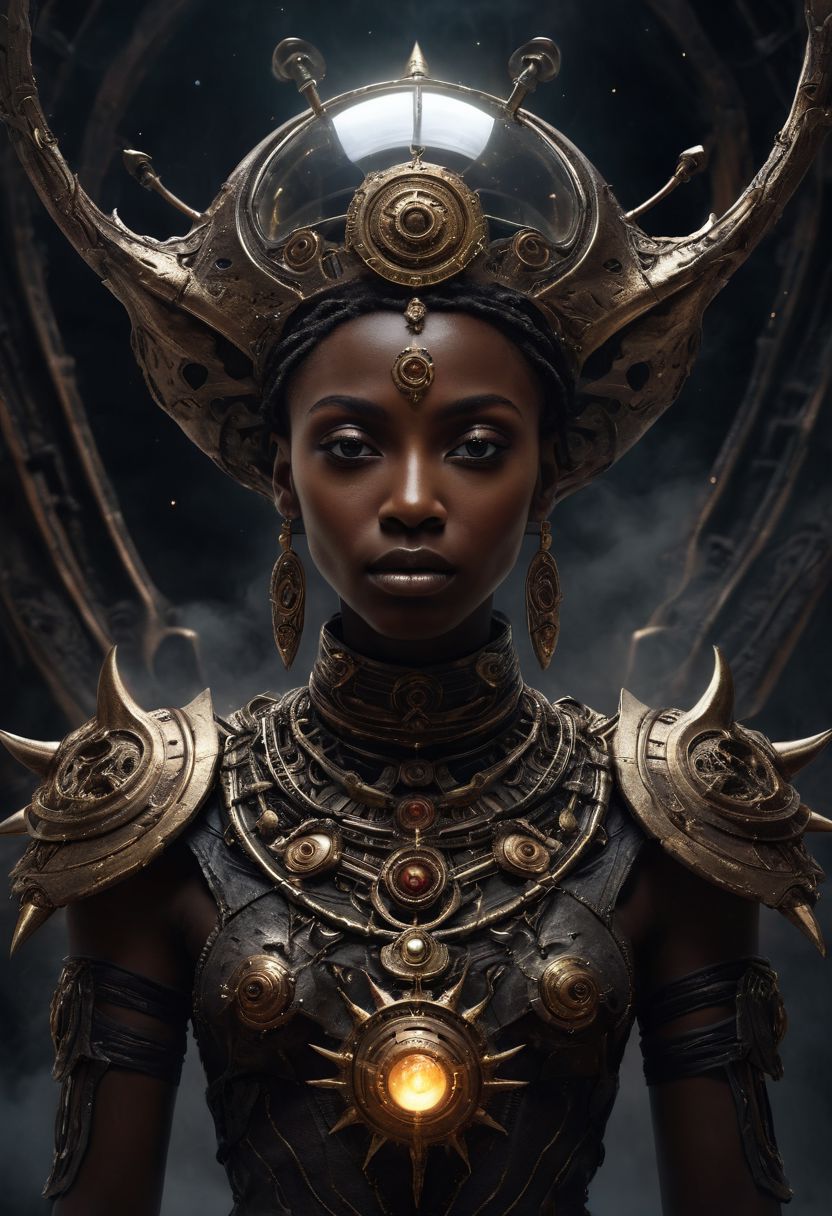 African American, Surreal abstract fantasy art, You're the ship, high contrast, alchemy, forge, fluid, I'm the captain Where should the journey go?, mysterious, hazy, dusty, mystical, gloomy,  dusty, dramatic light, future technology, 34K uhd, masterpiece, high detail, 8k, intricate, detailed, high resolution, high res, high quality, <lora:add-detail-xl:1.8>, highly detailed, Extremely high-resolution details, fine texture, (darkness:2.0),