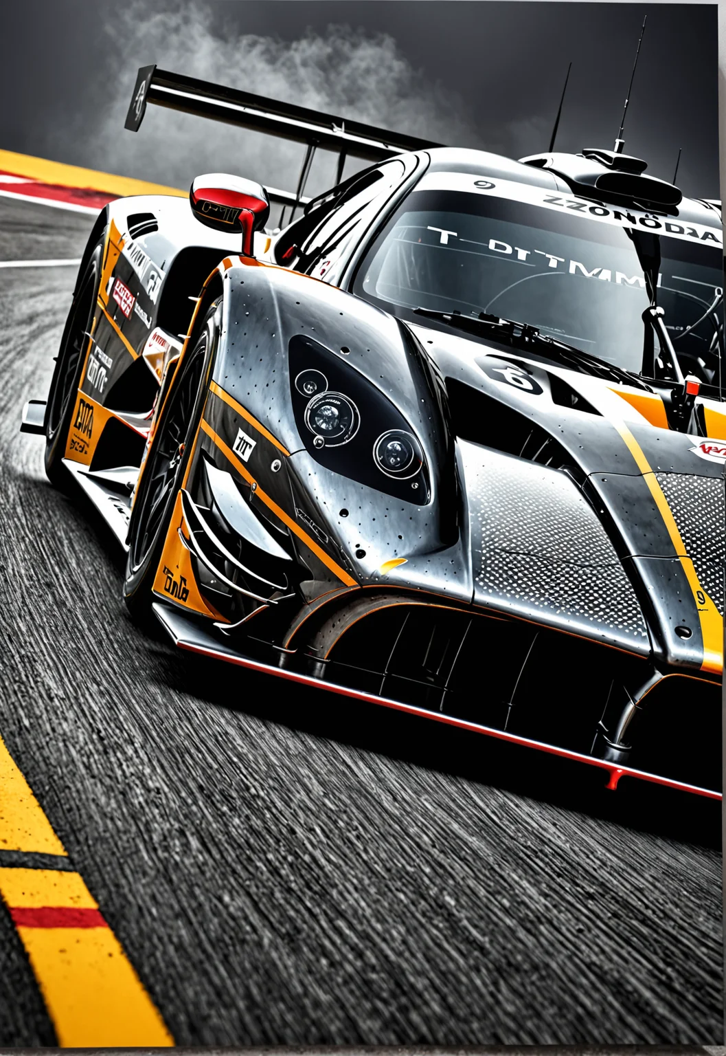 dynamic angle, masterpiece, award winning picture, Zonda DTM car racing, futuristic background, hyper detailed, intricate, poster, epic, ultra detail, intricate details, UHD