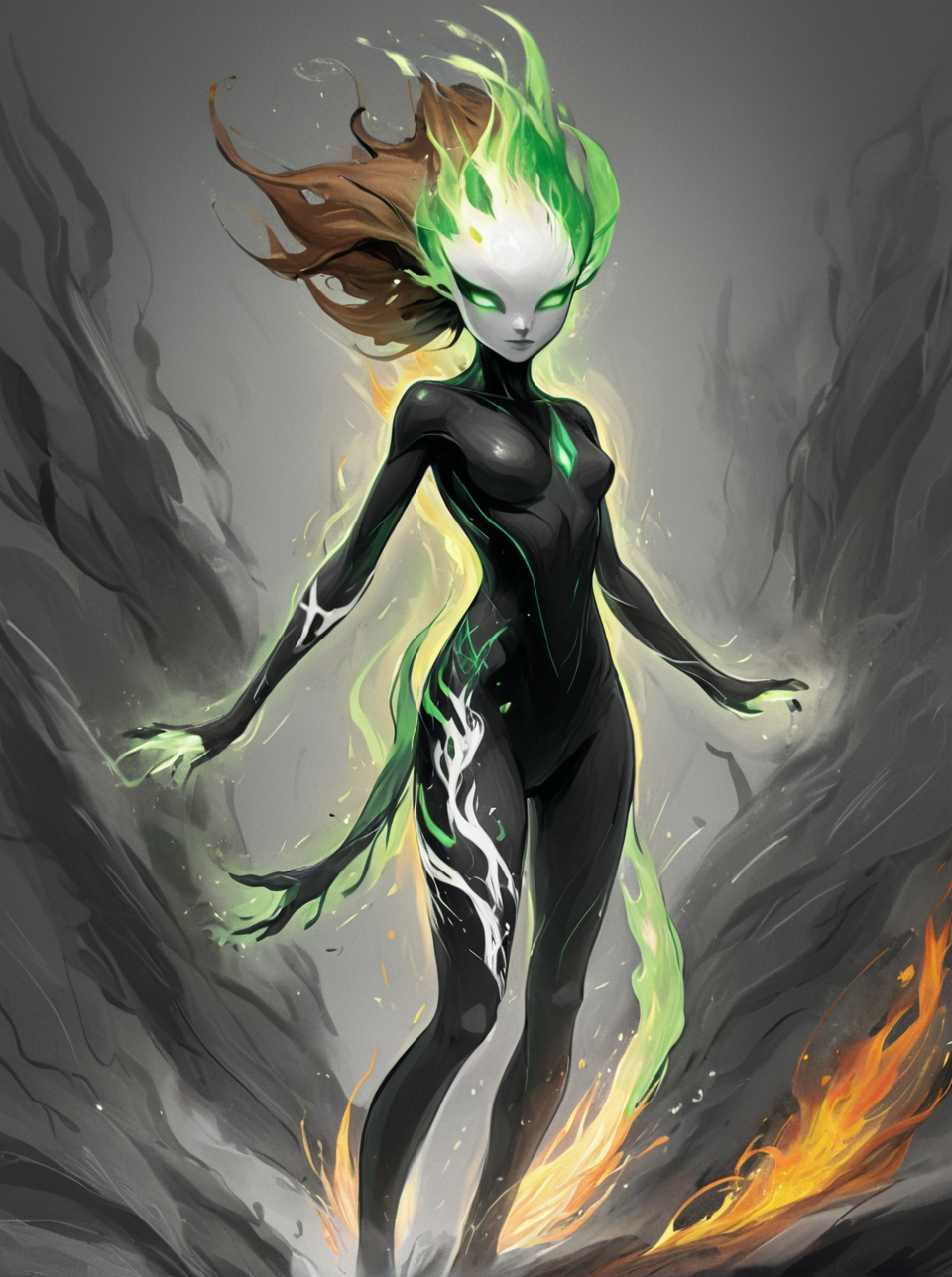 <lora:artfullyMENTALITY_SDXL_V1-000001:1> , masterpiece, illustration, sketch, fire elemental, black and white bodysuit,  green and brown chuncks of energy around  her