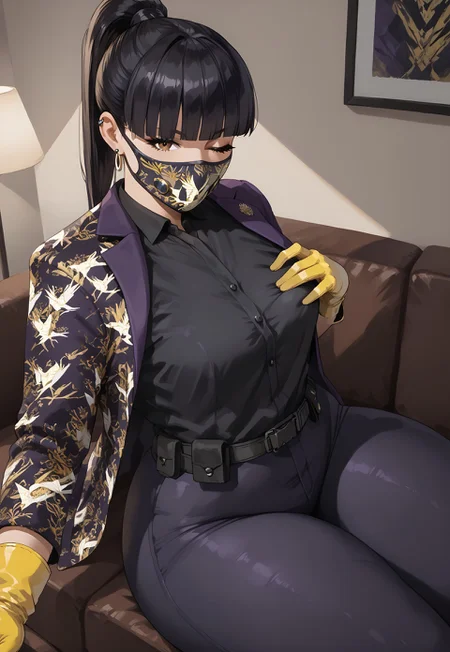 safe_pos, score_9, score_8_up, score_7_up,indoors,dim lighting, from sideways,from above,selfie,AzamiR6S,1girl,solo,sitting on sofa,hand on top breast,looking at viewer,horny,beautiful face,beautiful eyes, brown eyes,one eye closed,black hair, blunt bangs, ponytail, black eyeliner, single earring,(curvy:1), small breasts,huge thighs,mouth mask, yellow gloves, purple jacket, print jacket, black collared shirt, harness, black belt, purple pants, thigh strap