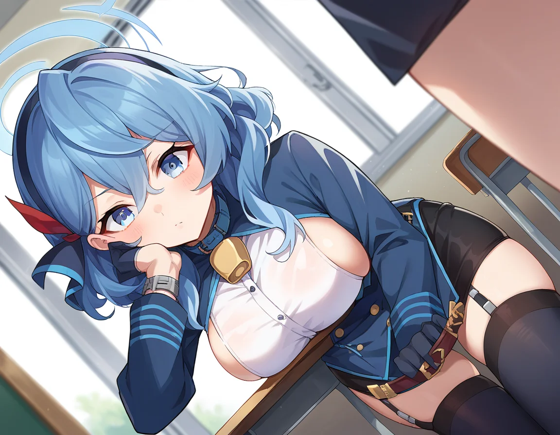 score_9, score_8_up, score_7_up, source_anime,
akoamau, <lora:ako-amau-ponyxl-lora-nochekaiser:1>,
ako, blue eyes, blue hair, hair between eyes, halo, medium hair, sidelocks,
bell, belt collar, black gloves, black skirt, black thighhighs, garter straps, gloves, hairband, long sleeves, miniskirt, neck bell, pencil skirt, sideboob, skirt, thighhighs, zettai ryouiki,
indoors, classroom, bent over,
looking at viewer, dutch angle, cowboy shot,