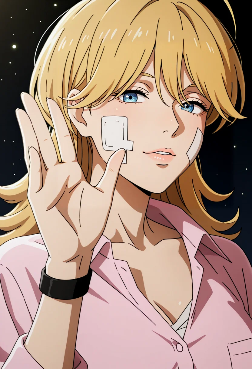 <lora:Gradient_Background:1> Gr_Back, Gradient Background, dark background,(upper body:1.4),female focus, magic light particles, waving at viewer, close up, high detail face,
pajamasoutfit5, 1girl, long blonde hair, bangs, messy hair, blue eyes, medium breast, cleavage, bandage on cheek,
pink shirt, button-up shirt, collared shirt, long sleeves, loose shirt, chest pocket, black wristband
<lora:Christine_Lazarus _IL:1>