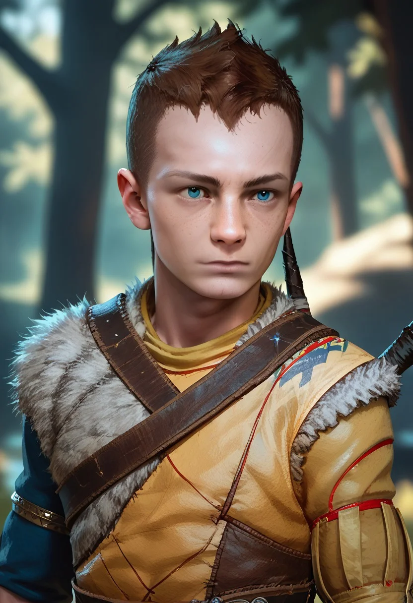 score_9,score_8_up,score_7_up,source_anime, Atreus,solo,1boy,closed mouth,upper body,male focus,weapon,outdoors,blurry,armor,fur trim,blurry background,freckles,realistic,weapon on back,