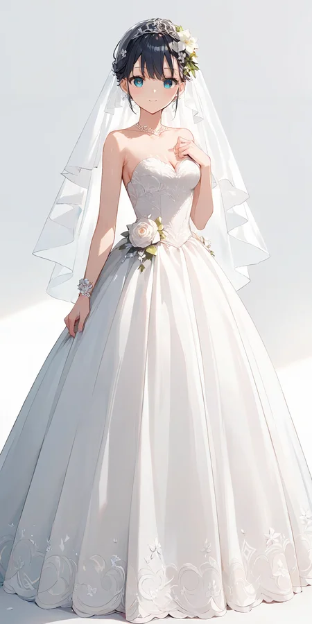 score_9, score_8_up, score_7_up,source_anime, high res image,masterpiece,best quality,adult woman,cute face,clear skin,shiny hair,ultra detailed eyes,simple background, <lora:wedding dress_pony_V1.1:0.8> wedding dress, flower