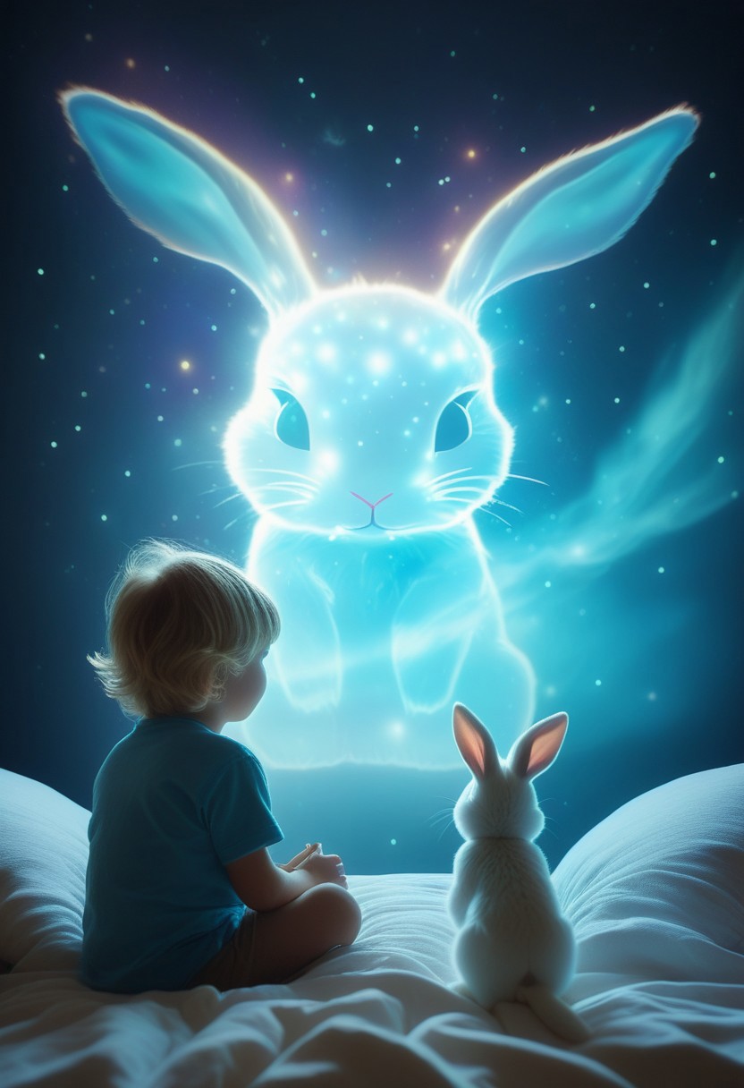 Bosstyle, Silhouette of a Cute Boy toddler with blonde hair, next to (a white bunny stuffed animal:1.4), standing in his bed, interacting with a giant ethereal Bunny Monster Boss resembling a gentle, celestial creature: Capture the essence of nostalgia and color in this photograph. Dominating the scene is a meticulously detailed, translucent pastel-blue and white bunny, adorned with delicate, glowing patterns, blending seamlessly with its surroundings. Its large oversized bent ears, composed of intricately woven ribbons in a spectrum of soft colors, droop gently, adding to the enchantment of the moment. Amidst the quietude of the night, its presence exudes a sense of mythical kindness and gentle power. Behind it, the low-toned hues of the Milky Way cast a mesmerizing backdrop,, Atmospheric haze, cinematic film still, shallow depth of field, highly detailed, high budget, cinemascope, moody, epic, OverallDetail, 2000s vintage RAW photo, photorealistic, candid camera, color graded cinematic, eye catchlights, atmospheric lighting, imperfections, natural, shallow dof