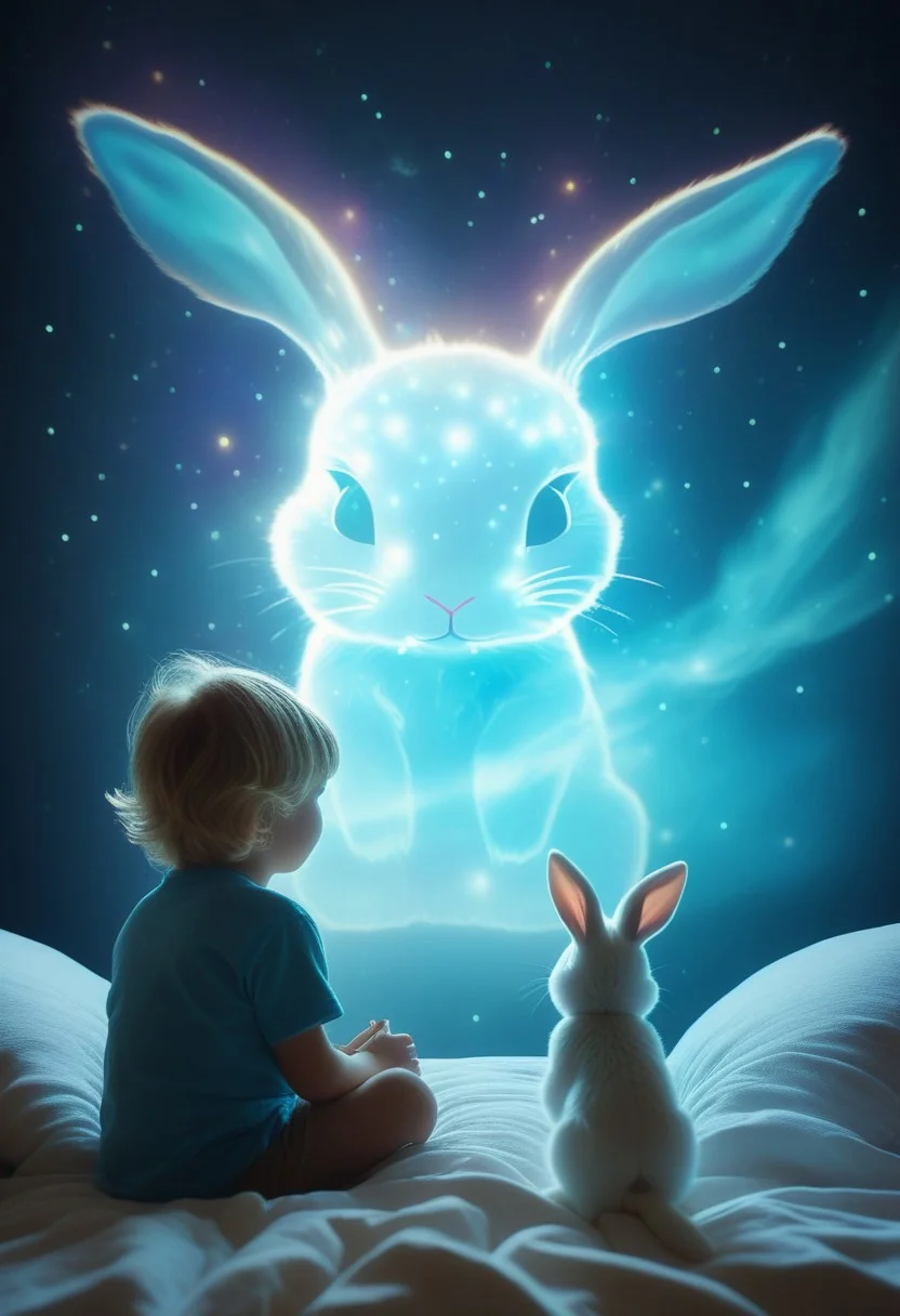 Bosstyle, Silhouette of a Cute Boy toddler with blonde hair, next to (a white bunny stuffed animal:1.4), standing in his bed, interacting with a giant ethereal Bunny Monster Boss resembling a gentle, celestial creature: Capture the essence of nostalgia and color in this photograph. Dominating the scene is a meticulously detailed, translucent pastel-blue and white bunny, adorned with delicate, glowing patterns, blending seamlessly with its surroundings. Its large oversized bent ears, composed of intricately woven ribbons in a spectrum of soft colors, droop gently, adding to the enchantment of the moment. Amidst the quietude of the night, its presence exudes a sense of mythical kindness and gentle power. Behind it, the low-toned hues of the Milky Way cast a mesmerizing backdrop,, Atmospheric haze, cinematic film still, shallow depth of field, highly detailed, high budget, cinemascope, moody, epic, OverallDetail, 2000s vintage RAW photo, photorealistic, candid camera, color graded cinematic, eye catchlights, atmospheric lighting, imperfections, natural, shallow dof