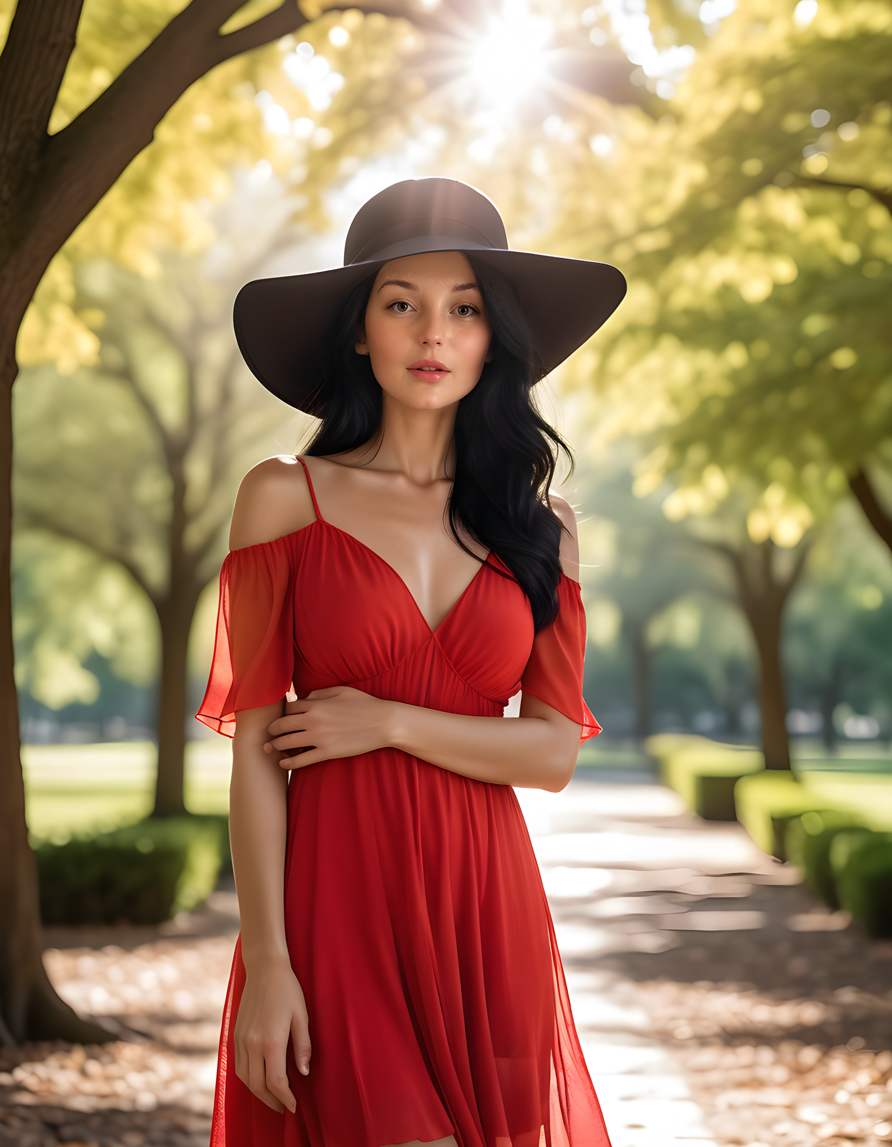 In a sun-dappled park, K3RRYC, a striking woman with raven-black hair and a charming mole beside her lips, stands alone. She wears a vibrant red dress that flows gently in the soft breeze, her hands delicately folded as she gazes directly at the viewer from beneath the brim of a wide-brimmed hat. The verdant canopy above casts dappled sunlight on her radiant face, creating an ethereal glow against the simple, serene background.
