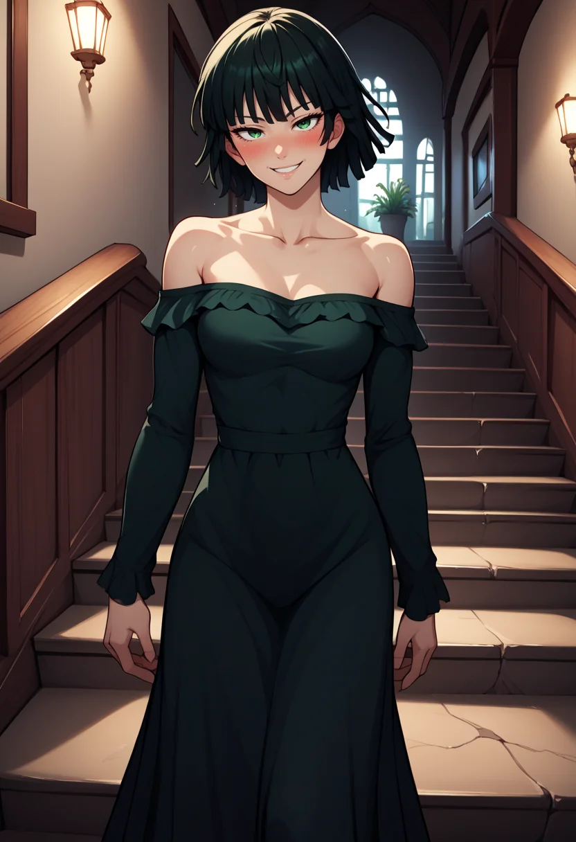 score_9, score_8_up, score_7_up, source_anime, BREAK <lora:EPopmFubukiPony_epoch_4:1> , 1girl, EPopmFubuki, black hair, short hair, green eyes,
bare shoulders, collarbone, off-shoulder dress, long sleeves, long dress, coral dress, cowboy shot, smile, seductive smile, blush, stairs,