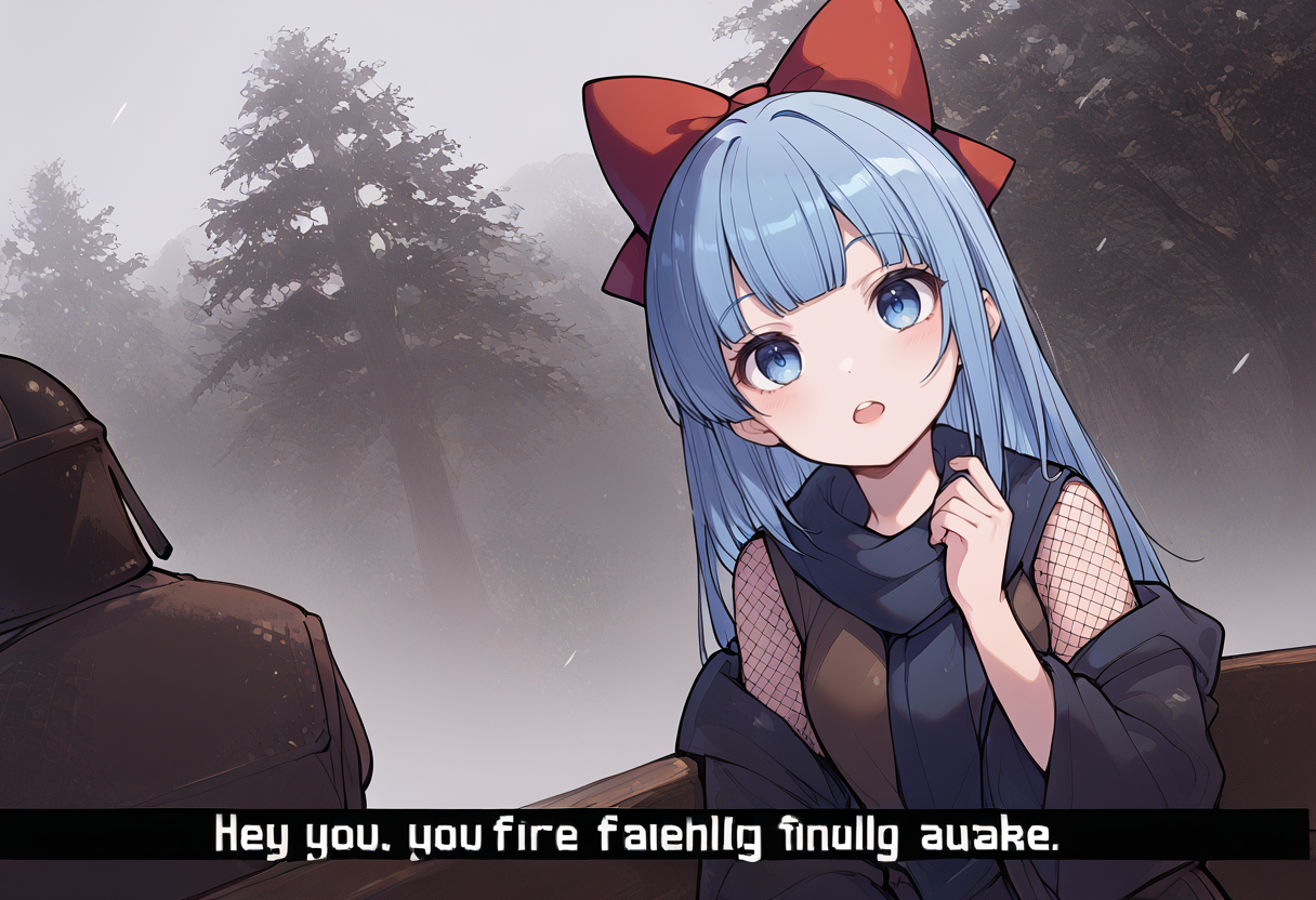 (score_9:0.9),score_8_up,score_7_up,anime style,rating_safe,grey_skin,snow,low light,
BREAK <lora:hey you, you're finally awake ponyXL v3.5:0.8>,hey you - you're finally awake,pipimi,1girl,popuko,rain,blue hair,:3,bow,hair bow,blue eyes,helmet,long hair,armor,1boy,red bow,outdoors,parody,sidelocks,bangs,bracelet,fishnets,
BREAK