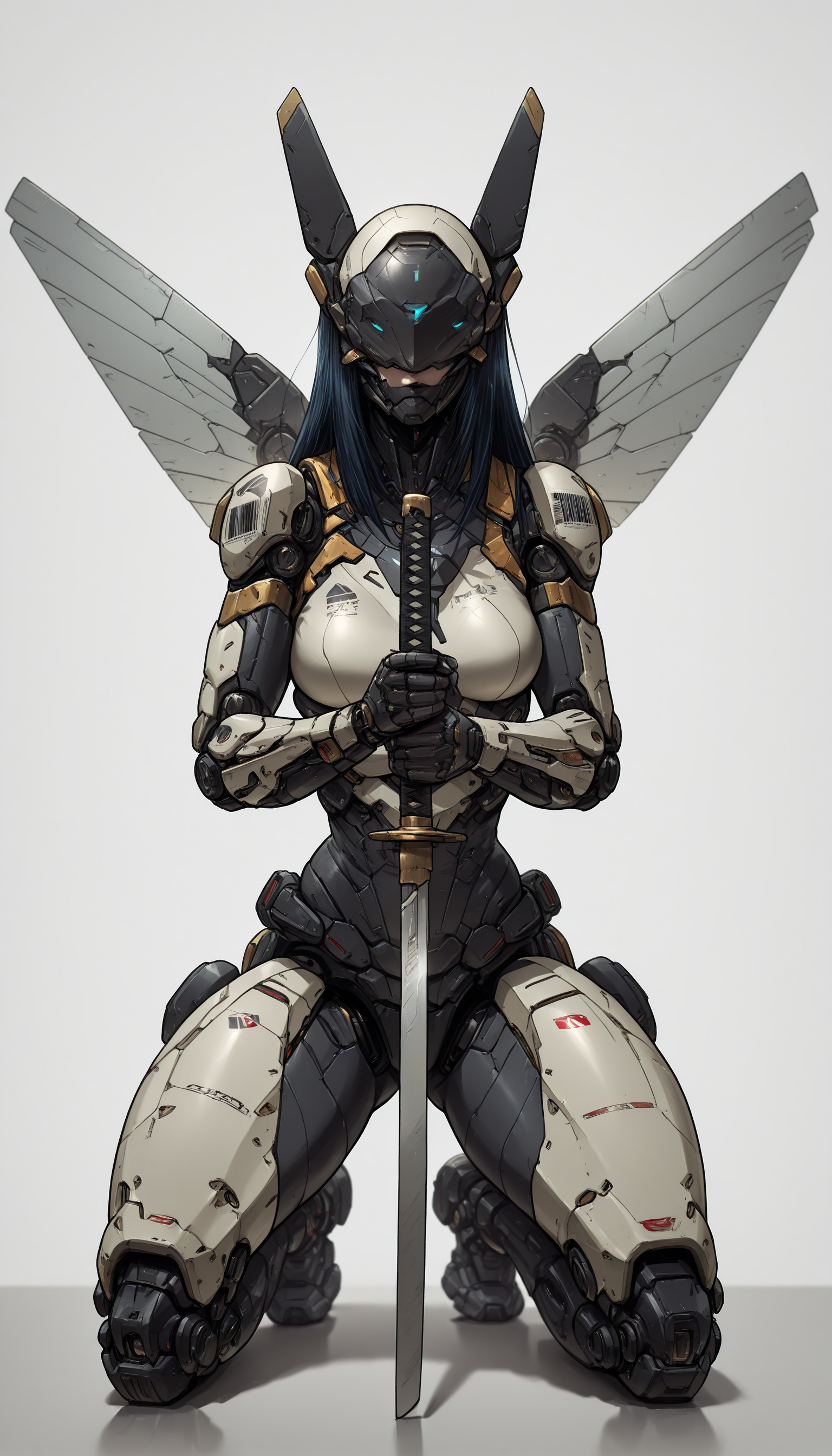 ECM-V1.0,, An4chr0t3ch masterpiece, best quality, good quality, very aesthetic, absurdres, newest, 8K, depth of field, focused subject,  An4chr0t3ch, covered eyes, headgear  Create a detailed, full-body, dynamic pose digital artwork of a female warrior in a futuristic combat suit. She is depicted with both hands gripping a sword, ready for combat. The armor is predominantly white and gray, with intricate mechanical details and blue accents. The warrior has long, straight hair and wears a face mask. The background is minimalistic, with a white backdrop and Japanese text. The overall style is modern and digital, featuring clean lines and a focus on realism. 1girl, solo, long_hair, breasts, looking_at_viewer, black_hair, holding, full_body, weapon, wings, sword, holding_weapon, black_eyes, kneeling, mask, bodysuit, holding_sword, katana, sheath, science_fiction, mouth_mask, mecha_musume, cyborg, robot_joints, barcode, mechanical_wings, mechanical_legs, <lora:Detail_enhancer_IL:0.65> <lora:ECM-V1.0-000012:1.0> <lora:Anachrotech_Mecha_bits_Illustrious:1.0>