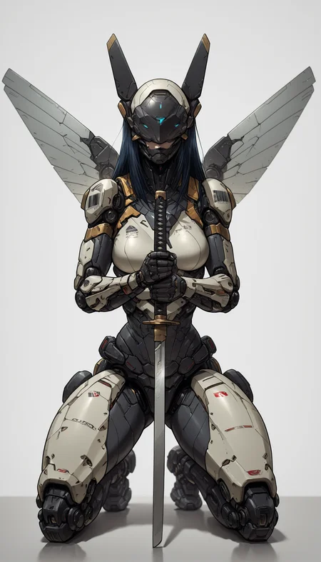 ECM-V1.0,, An4chr0t3ch masterpiece, best quality, good quality, very aesthetic, absurdres, newest, 8K, depth of field, focused subject, An4chr0t3ch, covered eyes, headgear Create a detailed, full-body, dynamic pose digital artwork of a female warrior in a futuristic combat suit. She is depicted with both hands gripping a sword, ready for combat. The armor is predominantly white and gray, with intricate mechanical details and blue accents. The warrior has long, straight hair and wears a face mask. The background is minimalistic, with a white backdrop and Japanese text. The overall style is modern and digital, featuring clean lines and a focus on realism. 1girl, solo, long_hair, breasts, looking_at_viewer, black_hair, holding, full_body, weapon, wings, sword, holding_weapon, black_eyes, kneeling, mask, bodysuit, holding_sword, katana, sheath, science_fiction, mouth_mask, mecha_musume, cyborg, robot_joints, barcode, mechanical_wings, mechanical_legs, <lora:Detail_enhancer_IL:0.65> <lora:ECM-V1.0-000012:1.0> <lora:Anachrotech_Mecha_bits_Illustrious:1.0>