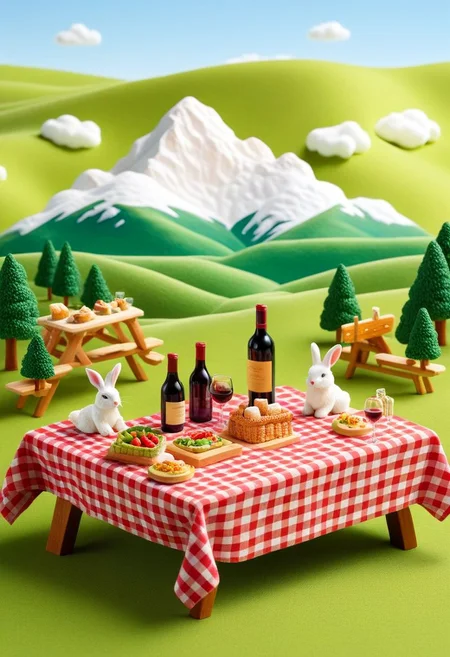 ispzxll, diorama, isometric, miniature, fluffy clouds, big open field, food on table, rabbits, green grass, snow capped mountains, valley, picnic table, table, trees, wine bottle, checkered tablecloth, picnic